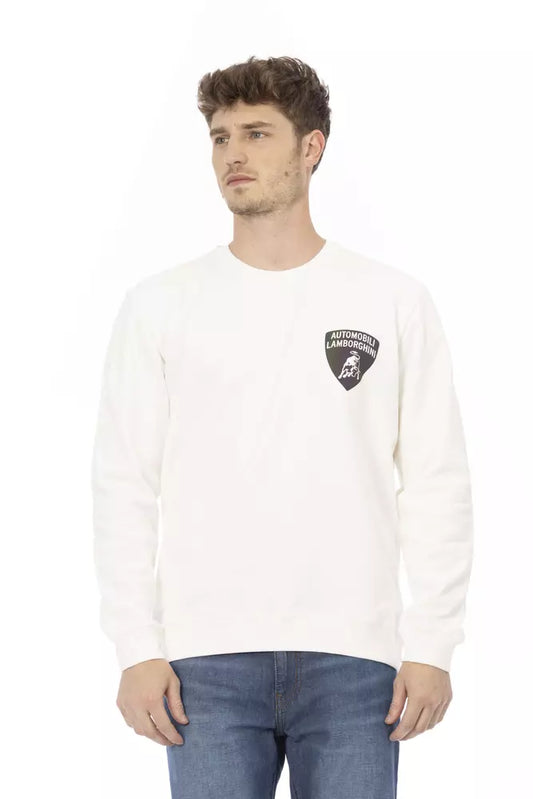 Elegante suéter blanco con cuello redondo y logo de escudo