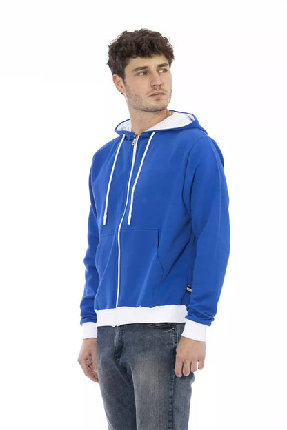 Elegante sudadera con capucha de lana azul con logo trasero