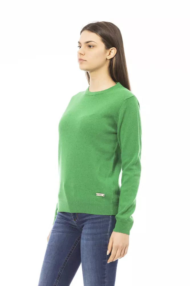 Elegante jersey de cuello redondo de lana y cachemira verde