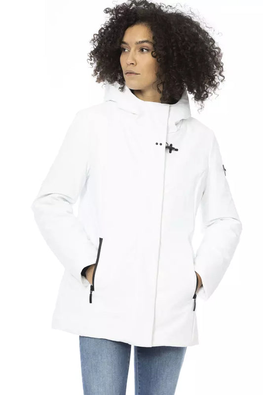 Elegante chaqueta de plumón blanca con capucha ajustable