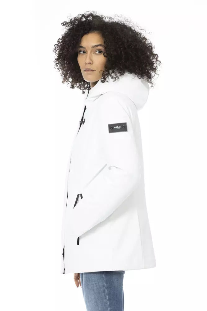 Elegante chaqueta de plumón blanca con capucha ajustable