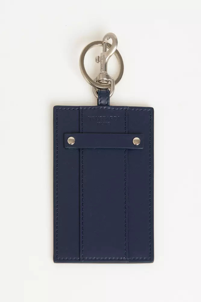 Elegante porta credencial de piel azul con llavero