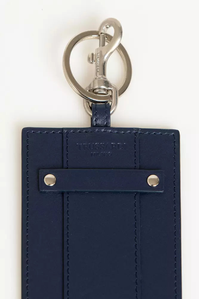 Elegante porta credencial de piel azul con llavero