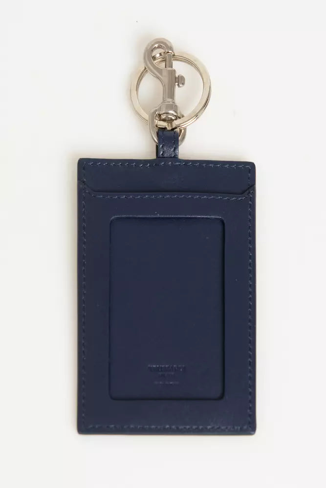 Elegante porta credencial de piel azul con llavero