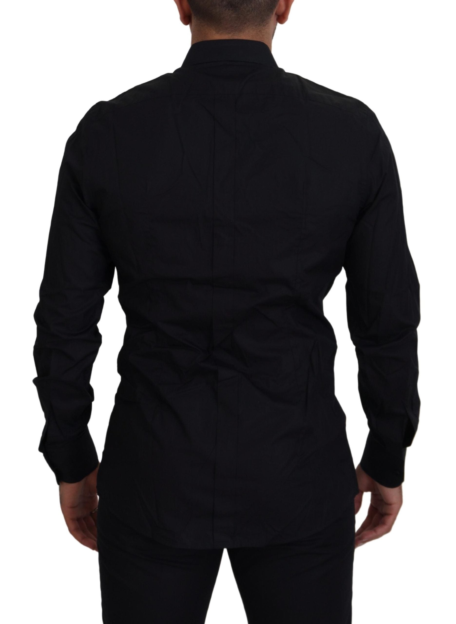 Elegante camisa de vestir negra slim fit con bordado de corona