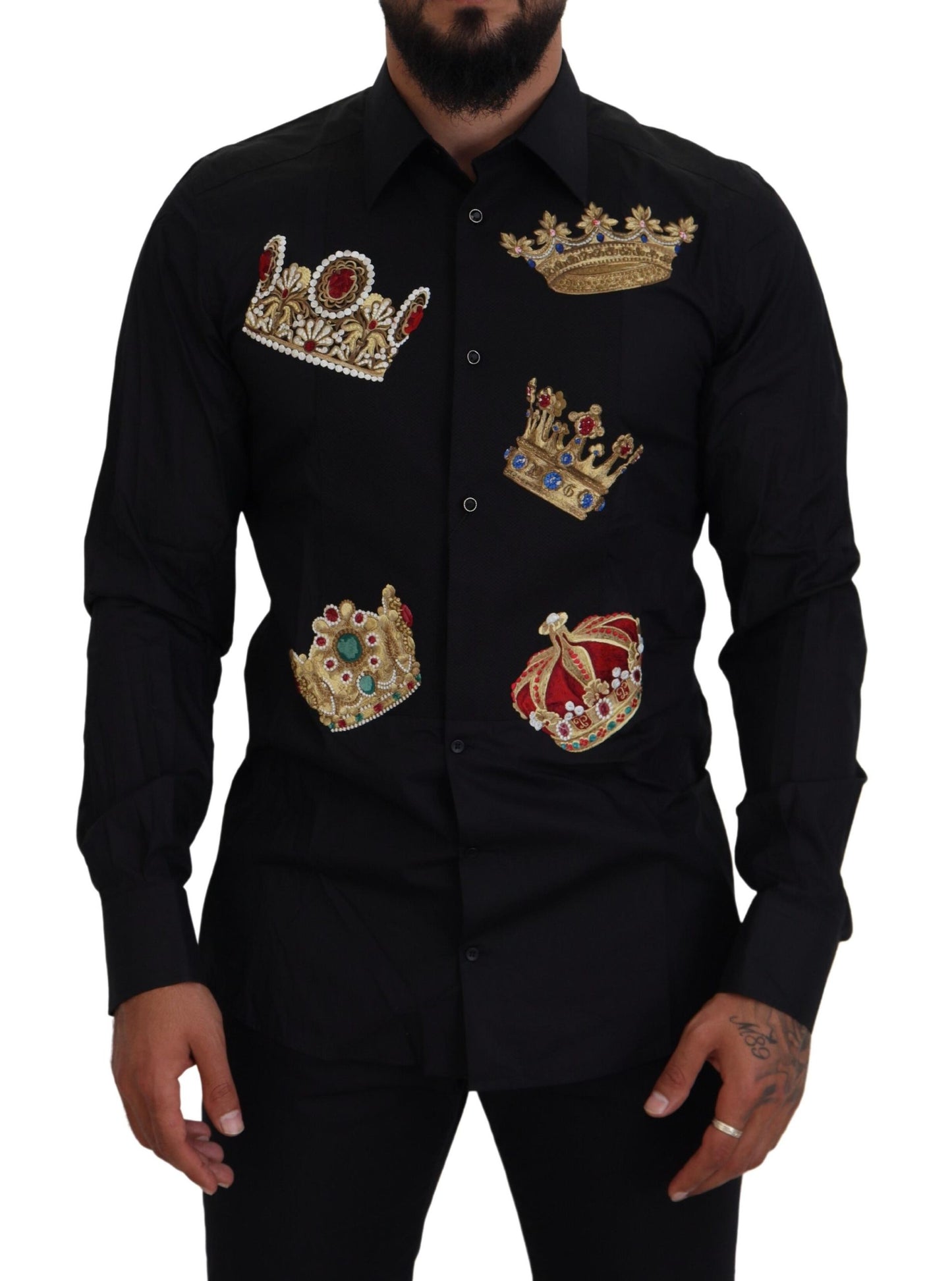 Elegante camisa de vestir negra slim fit con bordado de corona