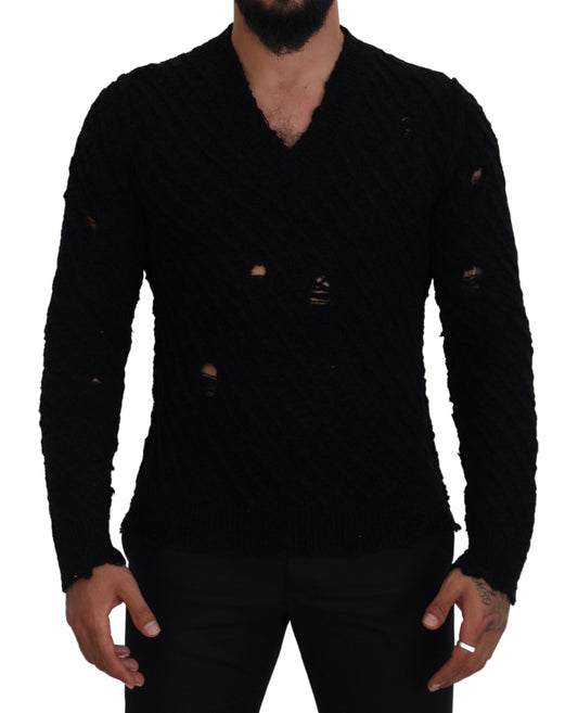 Elegante jersey negro con cuello de pico en mezcla de lana