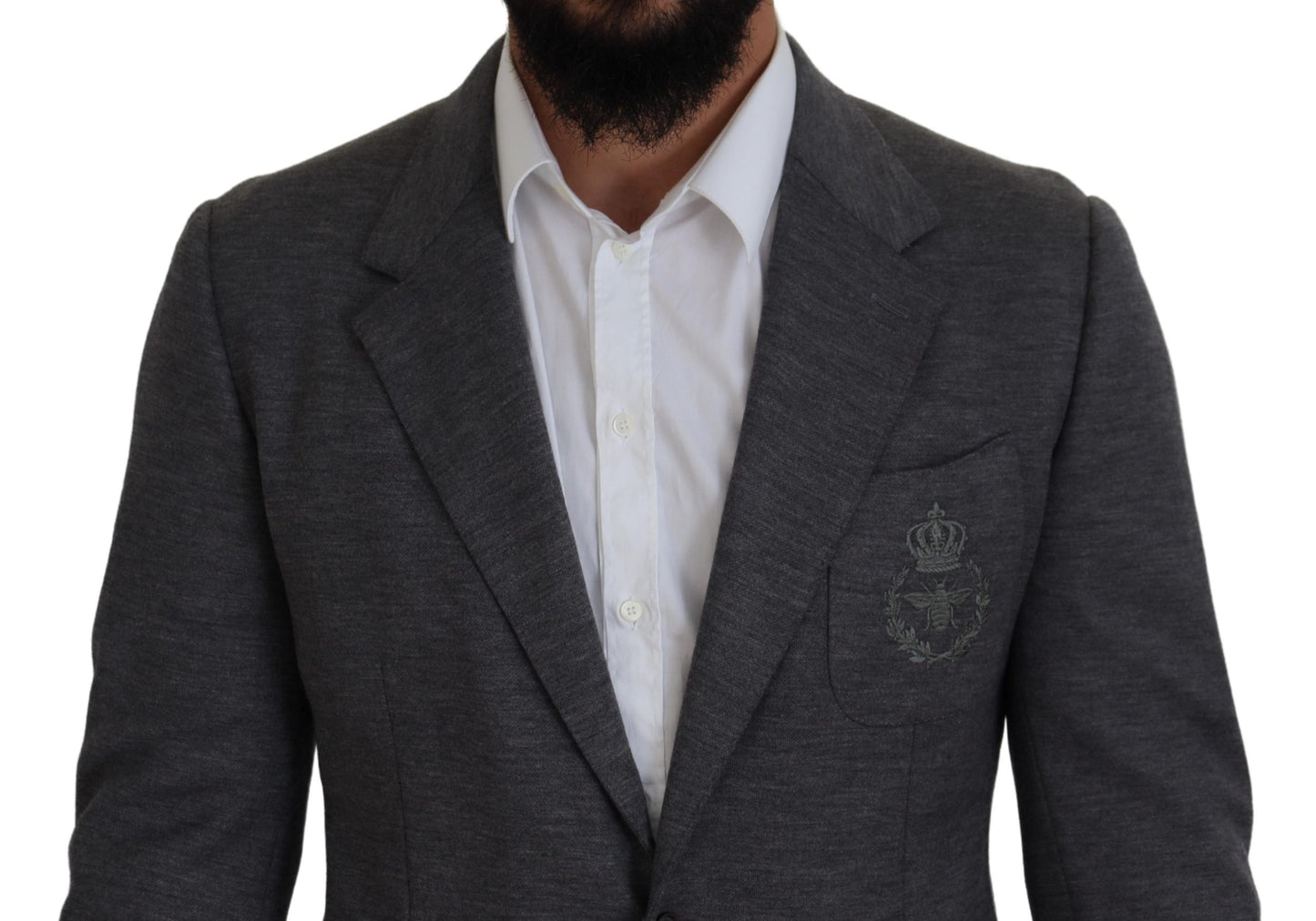 Elegante blazer de lana gris con bordado de corona de abejas