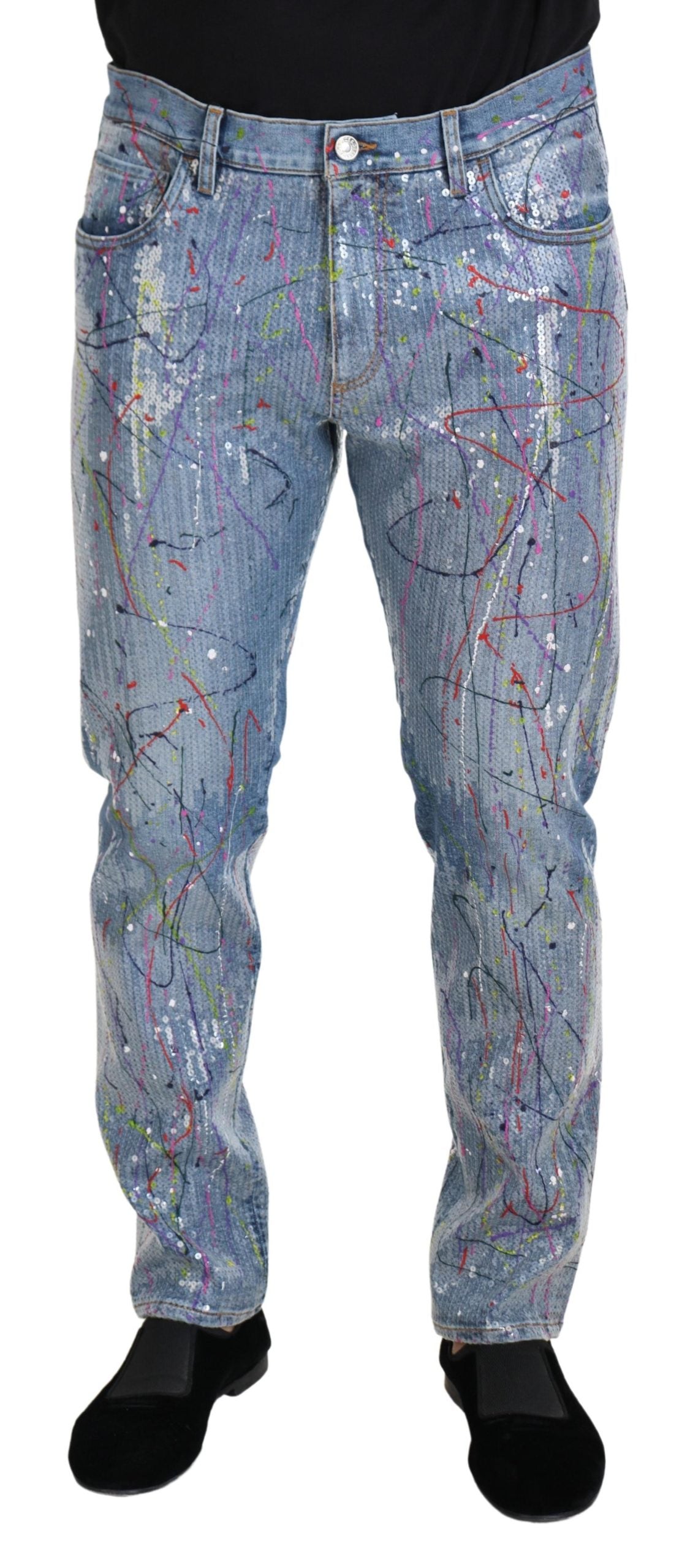 Blauwe katoenen denim jeans met splashprint