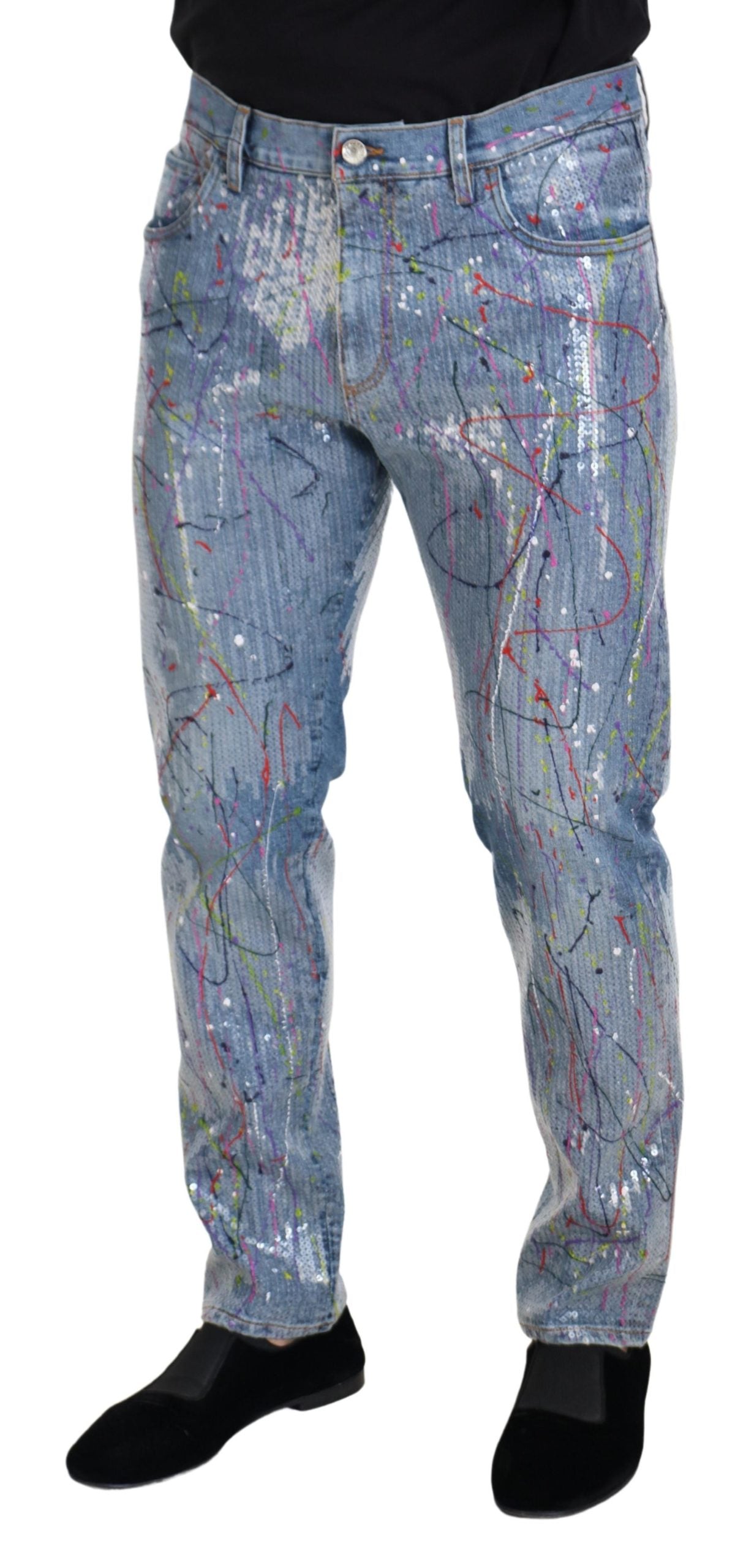 Blauwe katoenen denim jeans met splashprint