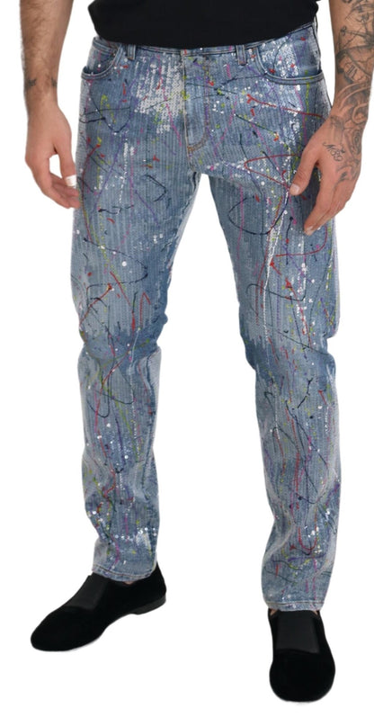 Blauwe katoenen denim jeans met splashprint