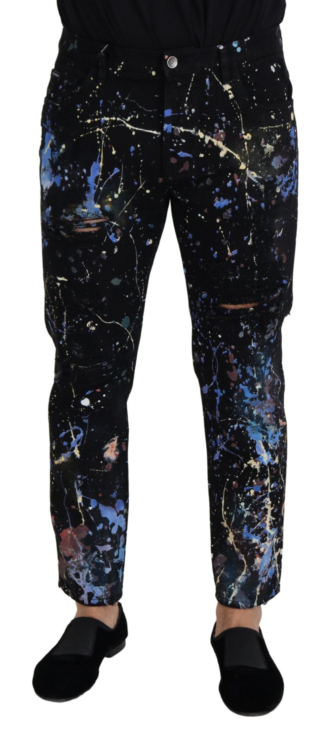 Prachtige denimbroek met splashprint in kleur