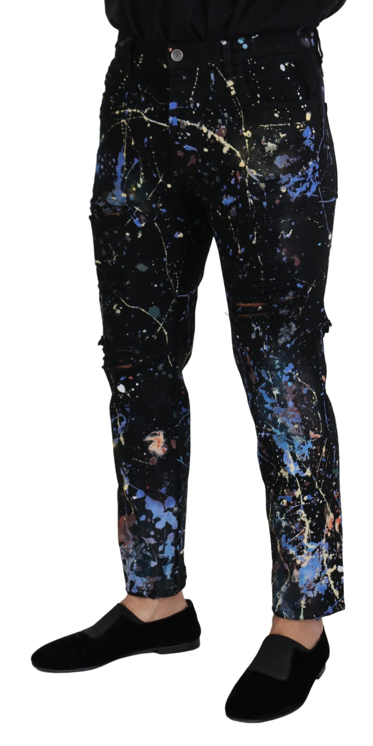 Prachtige denimbroek met splashprint in kleur