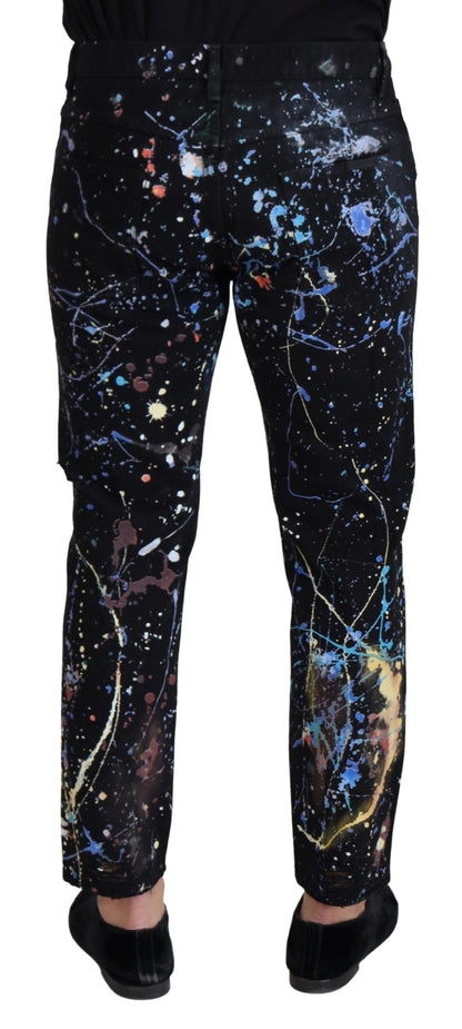 Prachtige denimbroek met splashprint in kleur