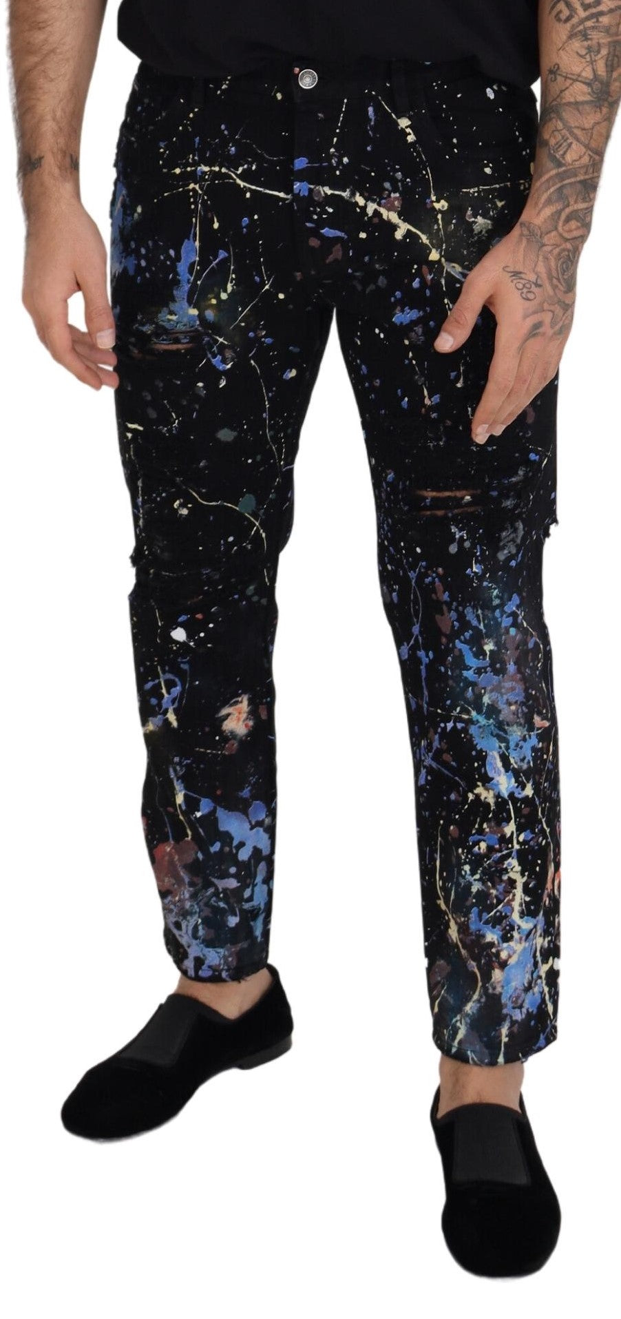 Prachtige denimbroek met splashprint in kleur