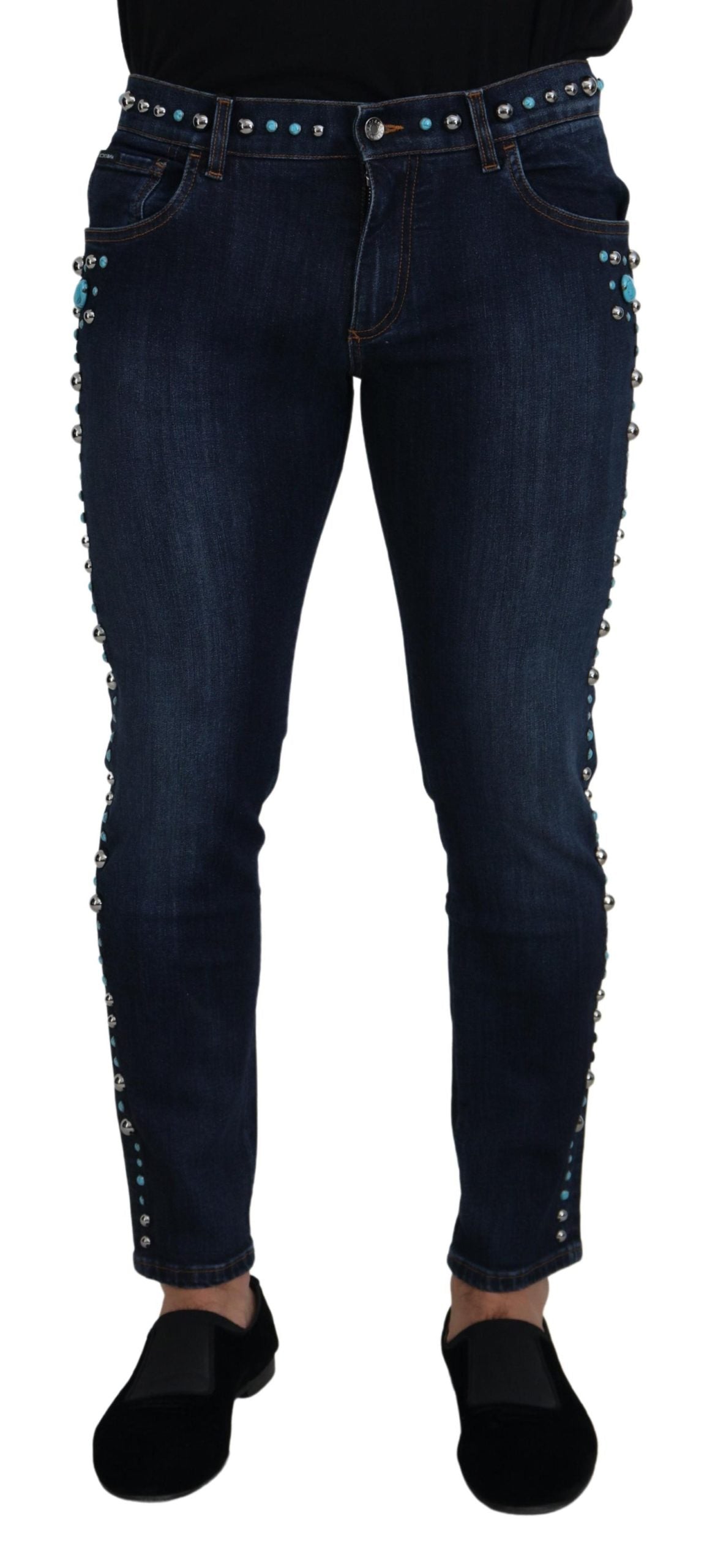 Blauwe katoenen denim jeans met lage taille en studs