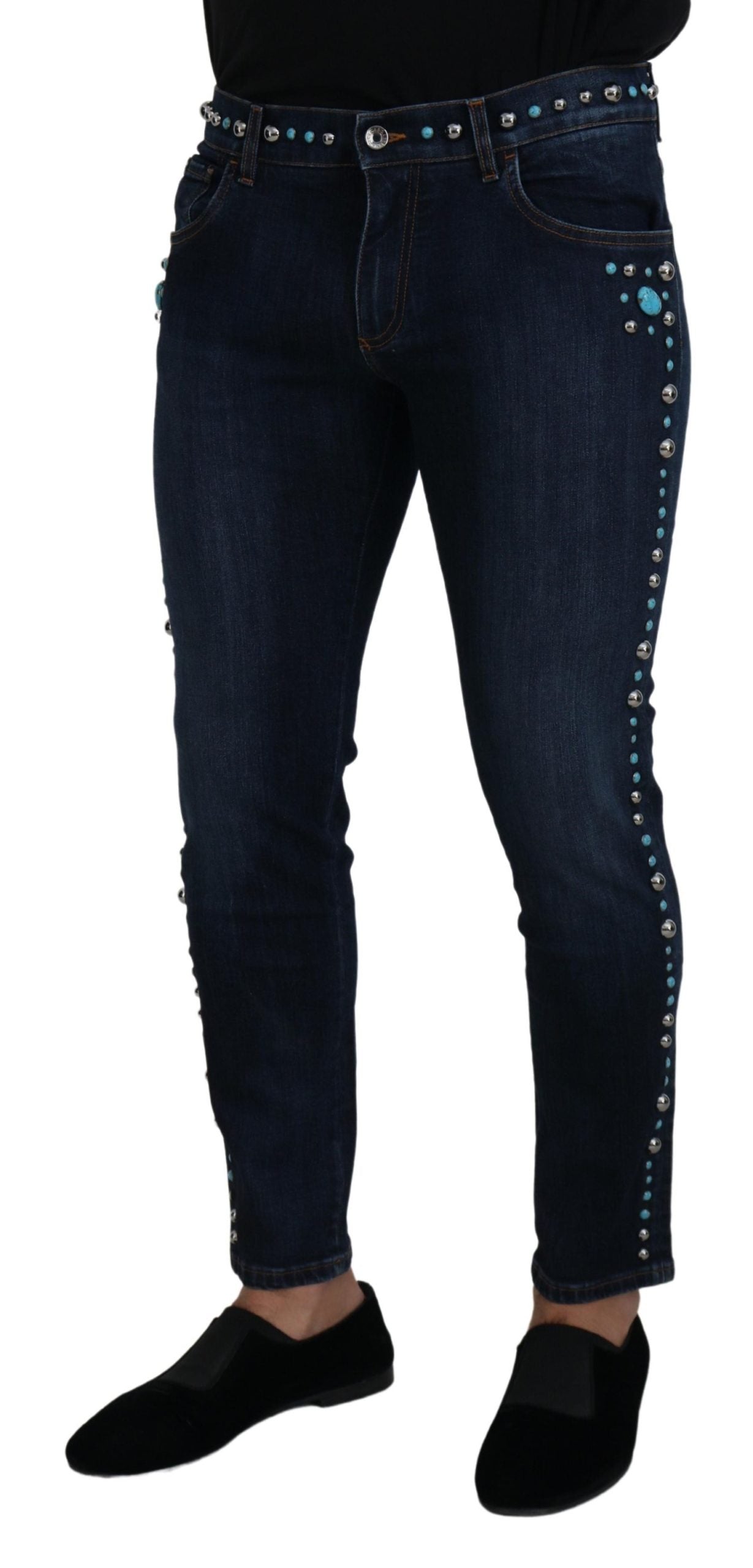 Blauwe katoenen denim jeans met lage taille en studs