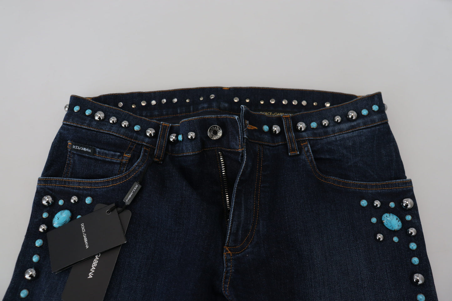 Blauwe katoenen denim jeans met lage taille en studs