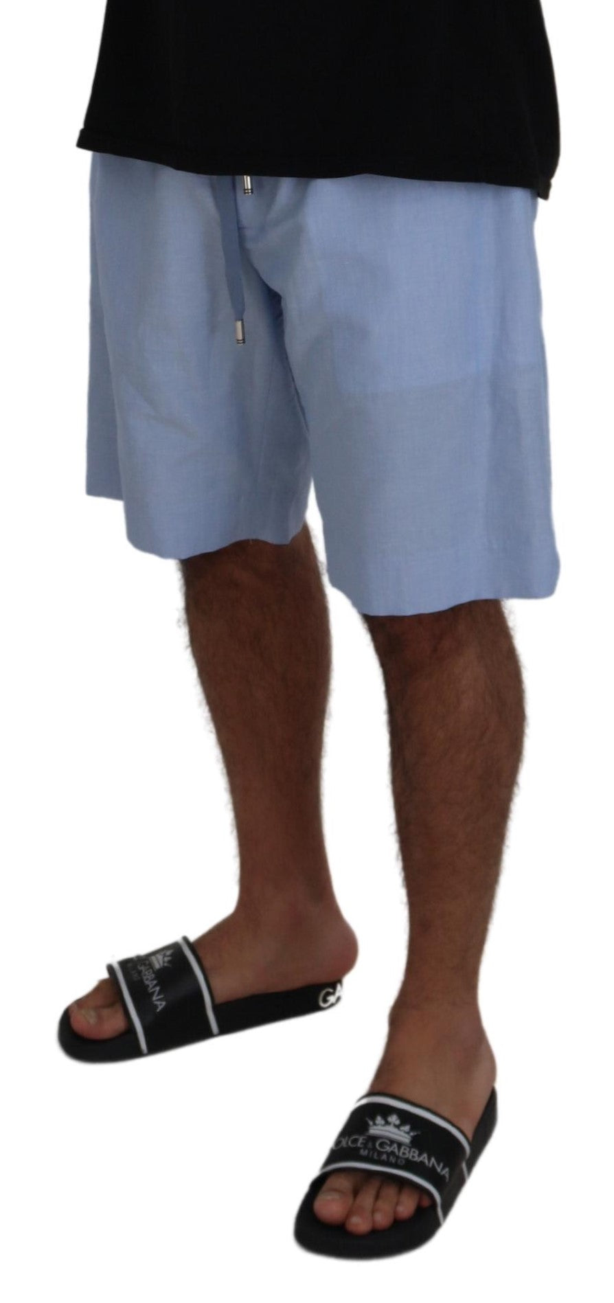 Elegantes pantalones cortos de verano de lino-algodón azul claro