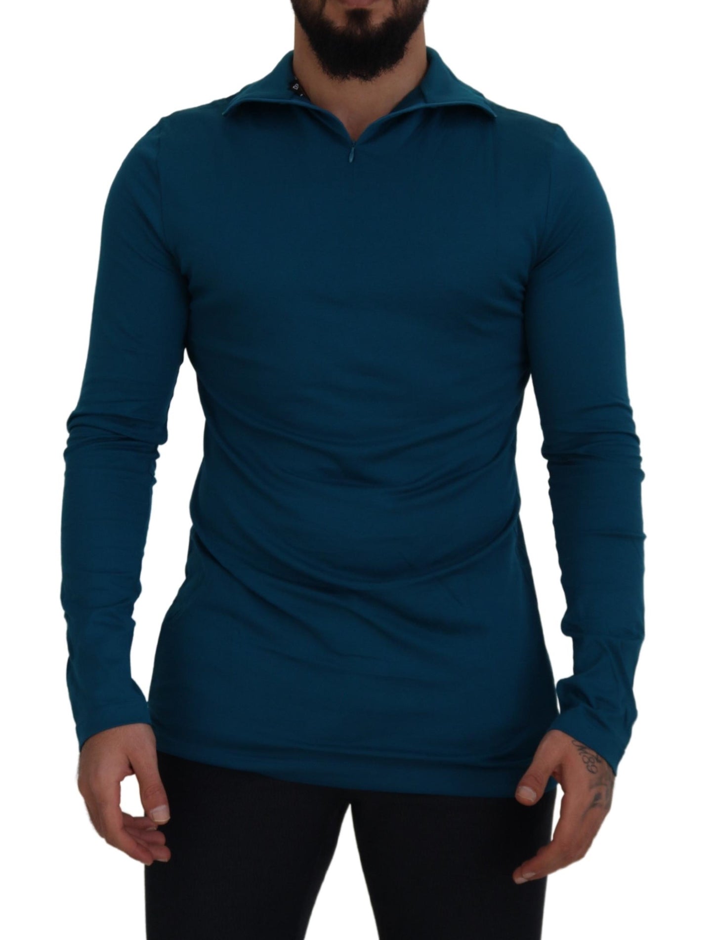 Blauwe katoenen slanke pullover trui met kraag