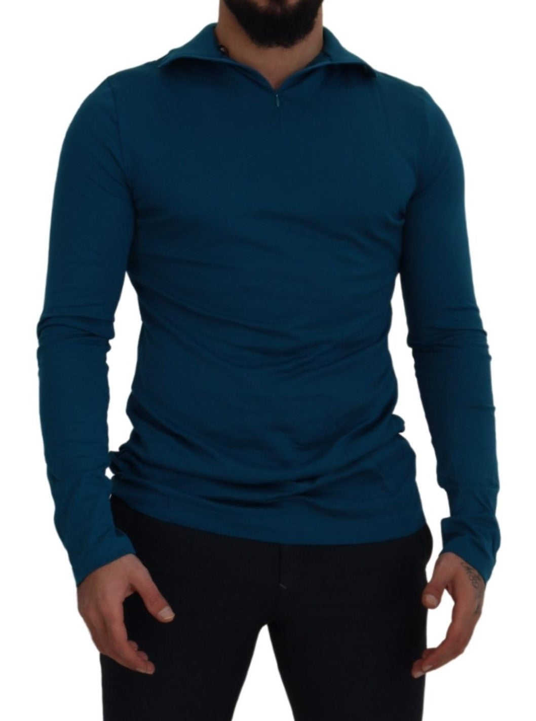 Blauwe katoenen slanke pullover trui met kraag