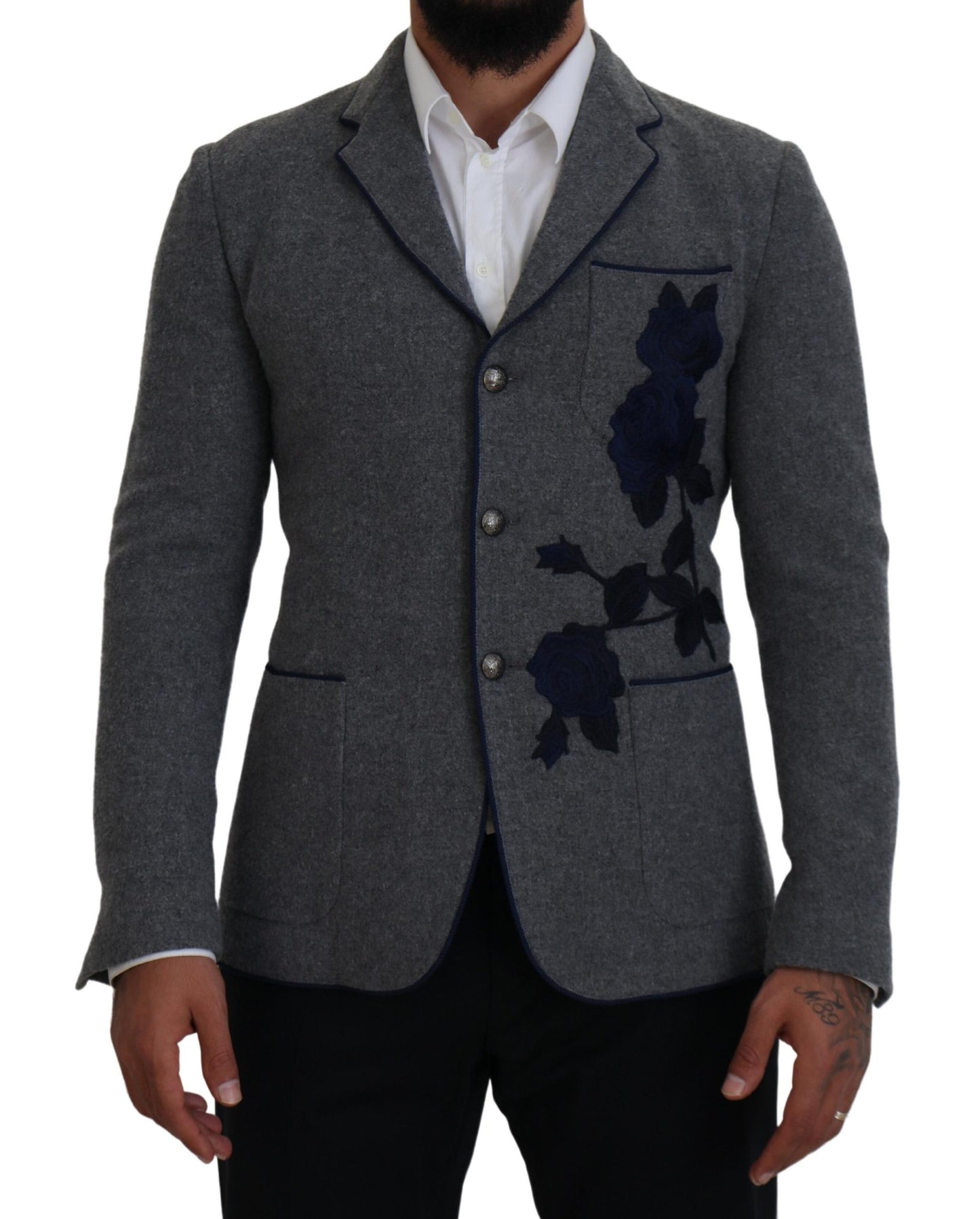 Elegante blazer de lana gris con bordado de rosas azules