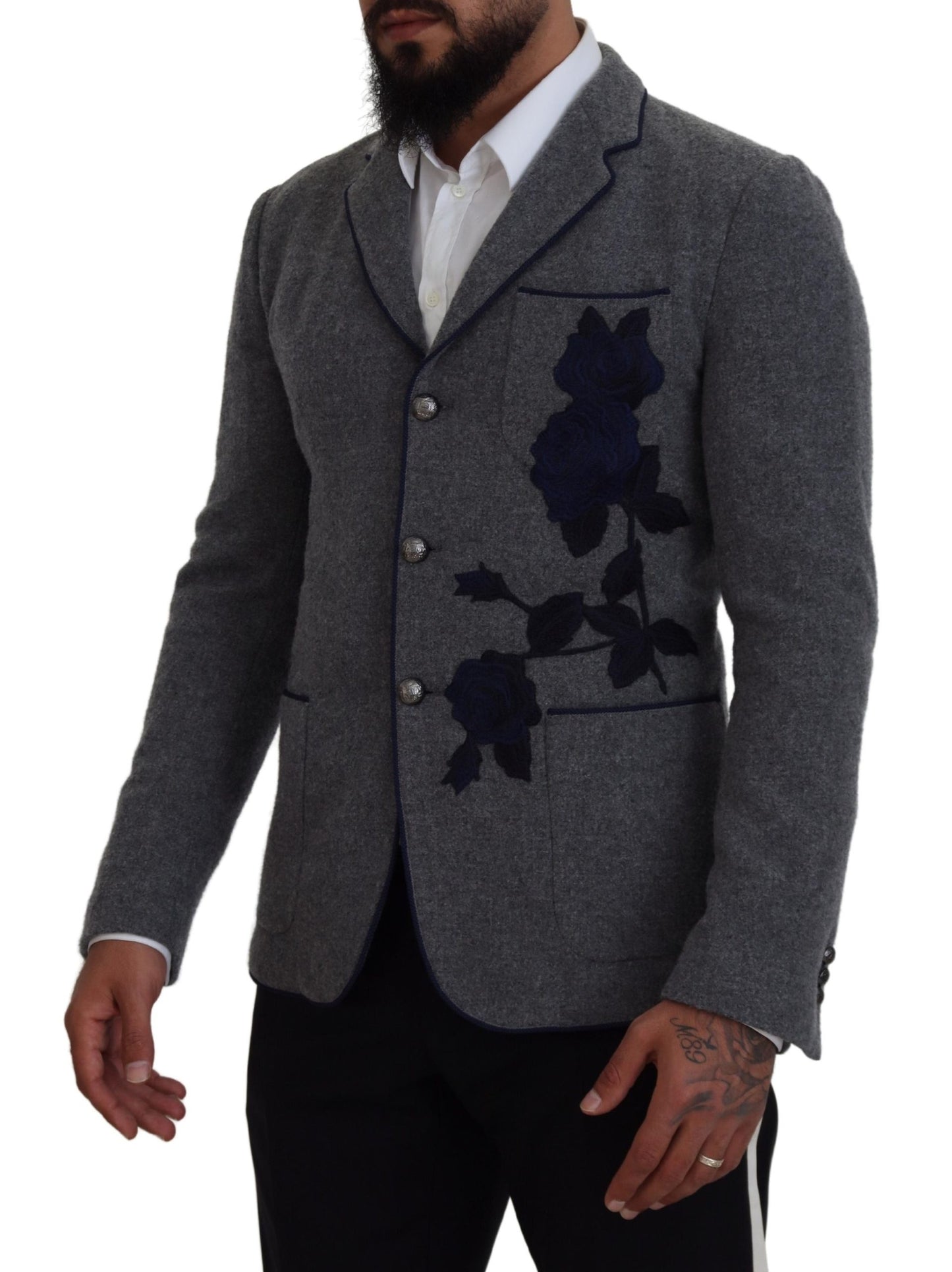 Grijze wollen rozen slim fit blazer