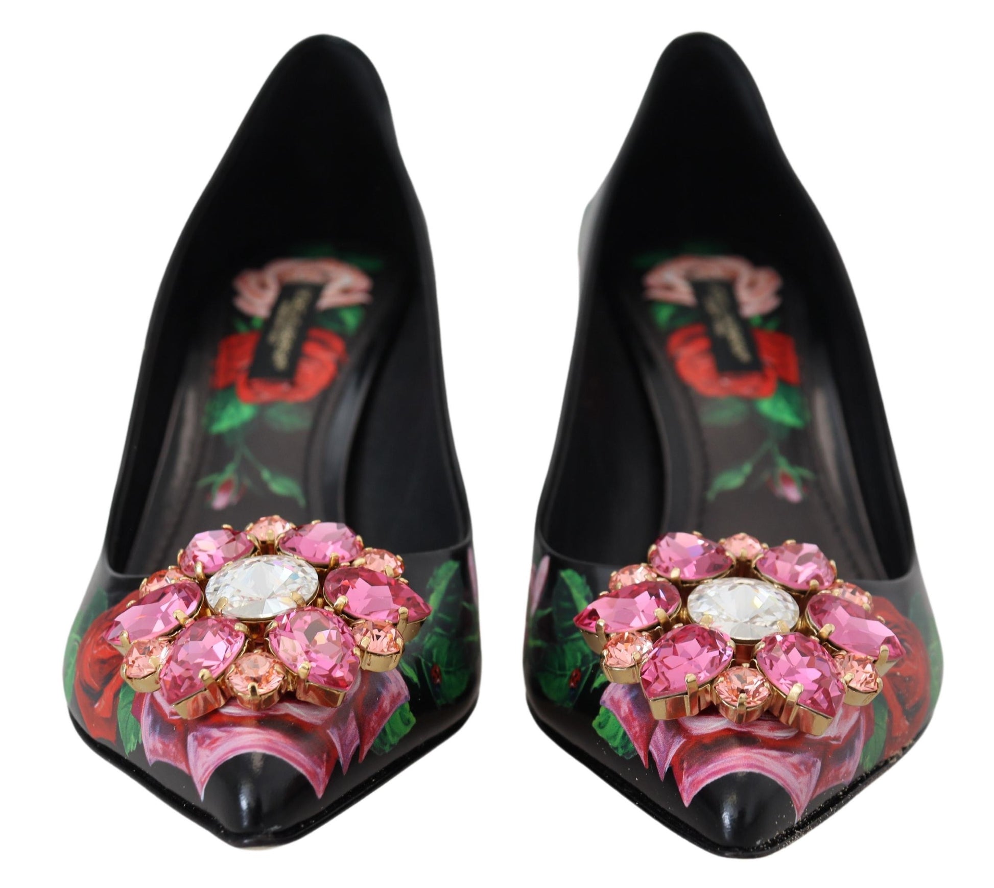 Zwarte bloemenprint kristallen hakken pumps schoenen