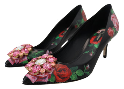 Zwarte bloemenprint kristallen hakken pumps schoenen