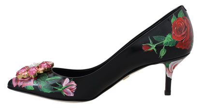 Zwarte bloemenprint kristallen hakken pumps schoenen