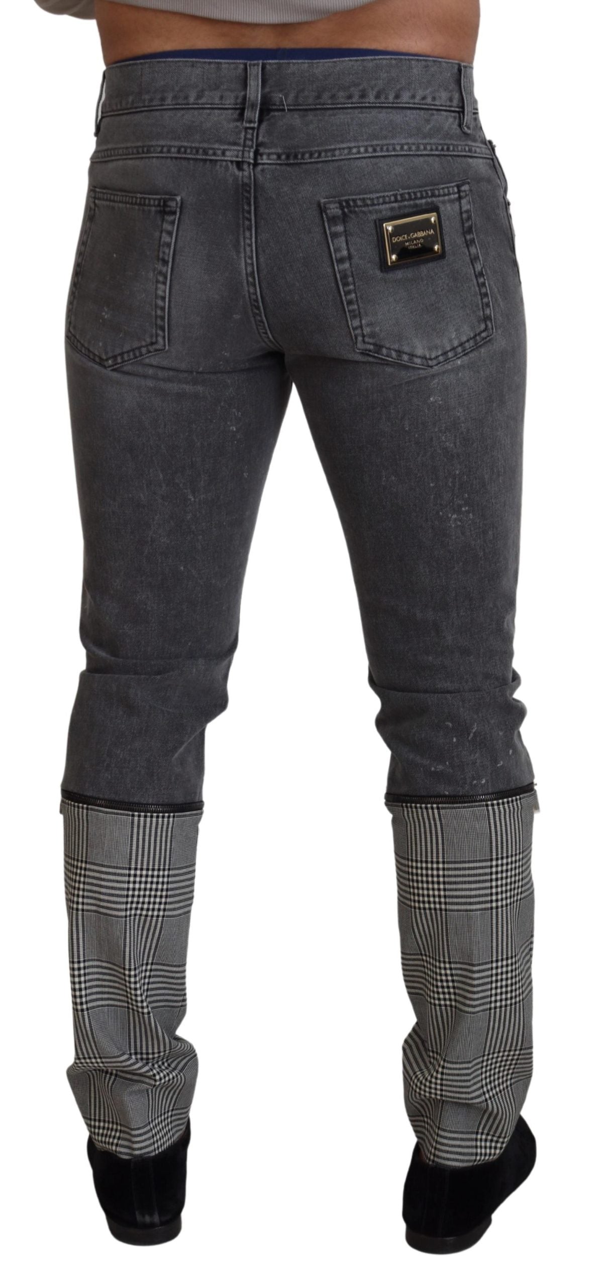 Grijze katoenen denim jeans voor heren met geruite pijpen