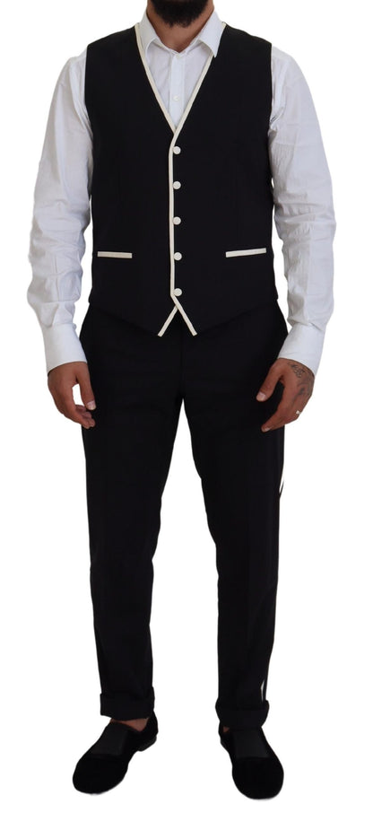 Elegant Black and White Slim Fit Three Piece Suit