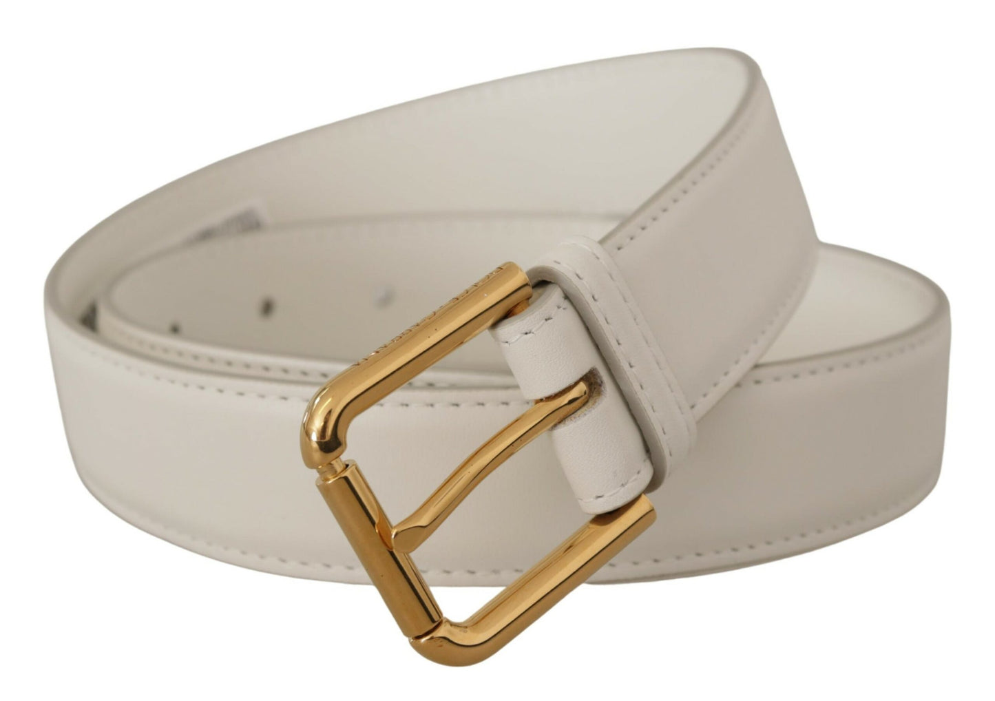 Chic White Leather Belt with Gold Engraved Buckle