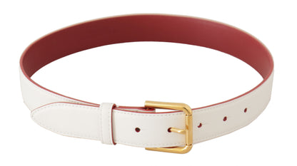 Elegant White Leather Belt with Engraved Buckle