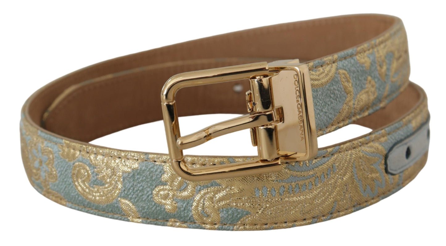 Elegante lichtblauwe leren riem met gouden gesp