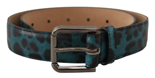 Leren riem met gegraveerd logo in blauwgroen