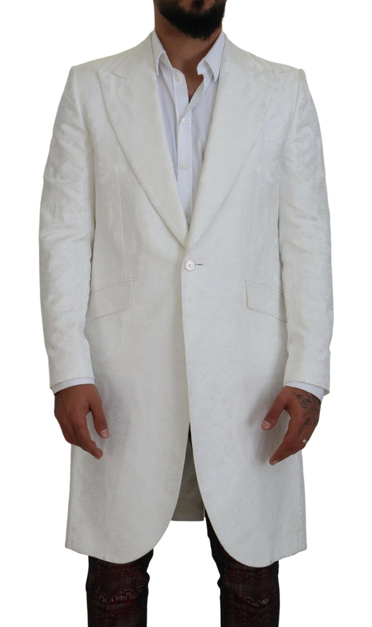 Elegante witte bloemen brokaat trenchcoat