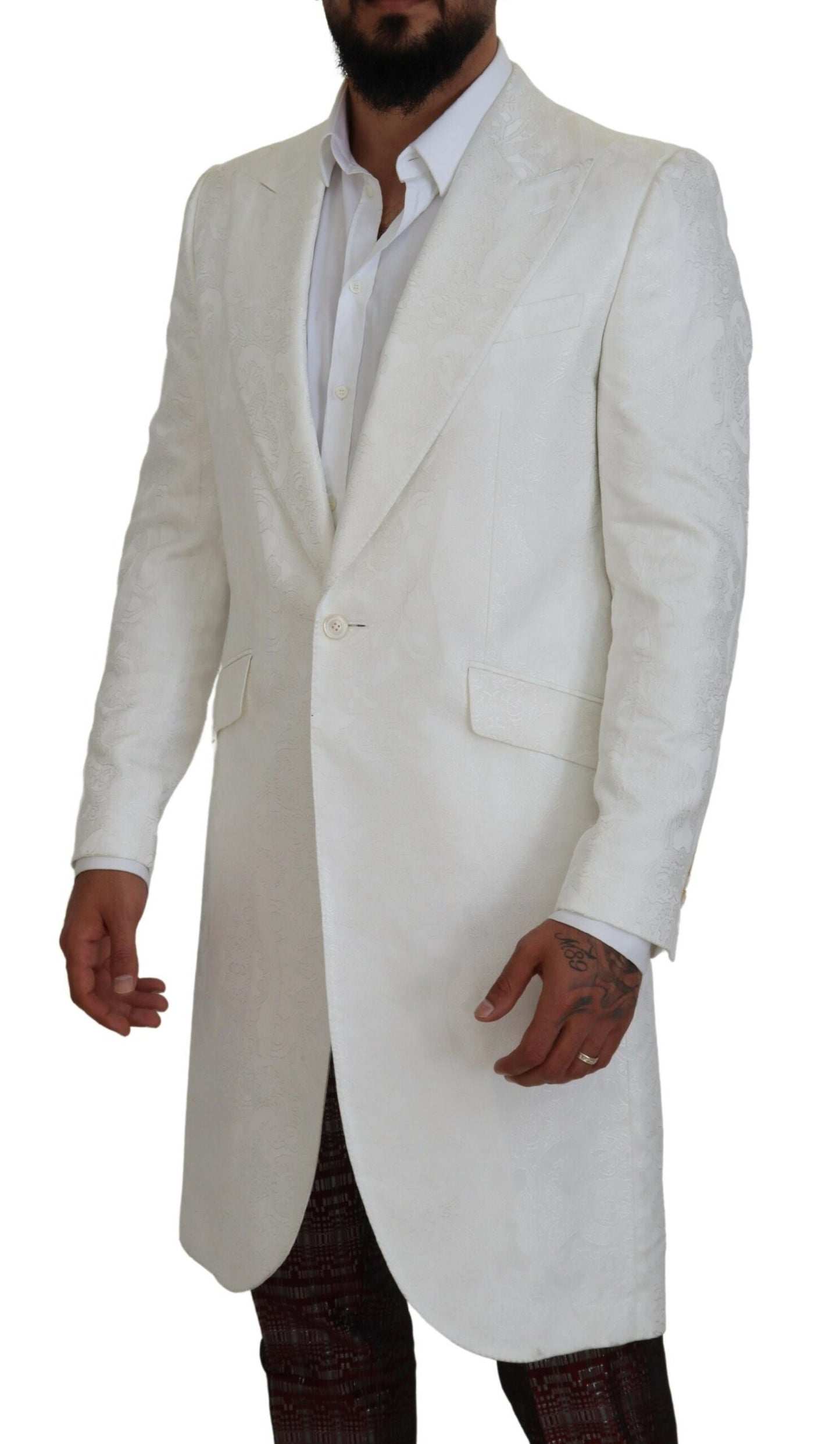 Elegante witte bloemen brokaat trenchcoat