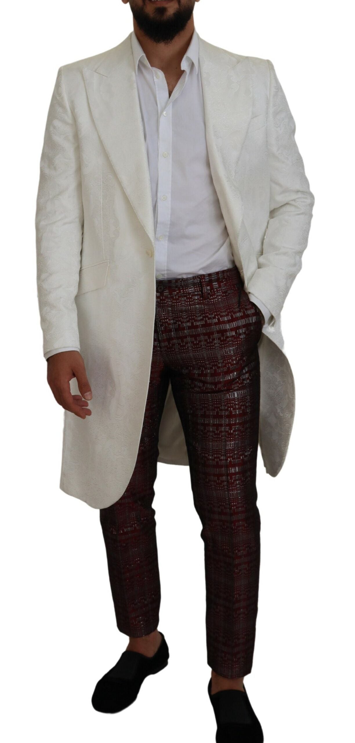 Elegante witte bloemen brokaat trenchcoat