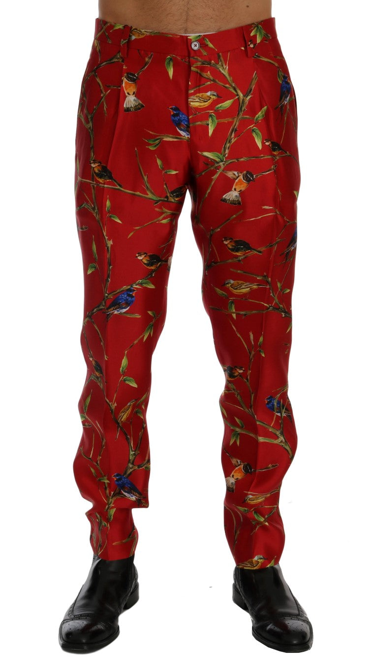 Pantalón de vestir elegante de seda con estampado de pájaros rojos