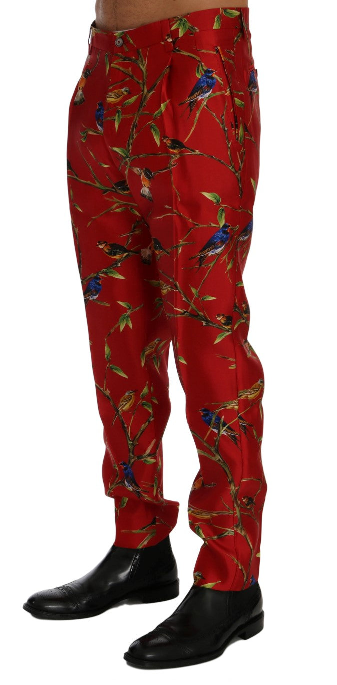 Pantalón de vestir elegante de seda con estampado de pájaros rojos