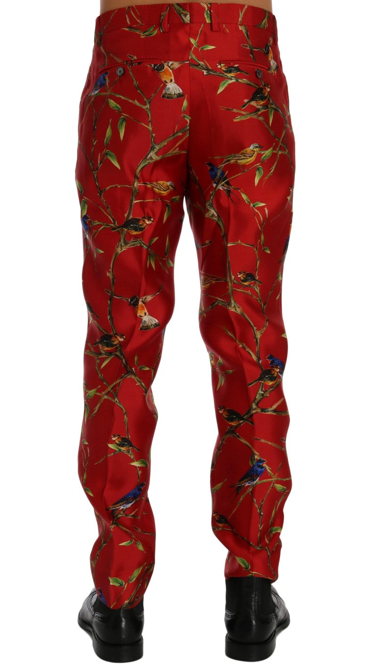 Pantalón de vestir elegante de seda con estampado de pájaros rojos