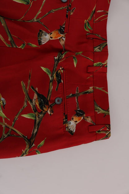 Pantalón de vestir elegante de seda con estampado de pájaros rojos