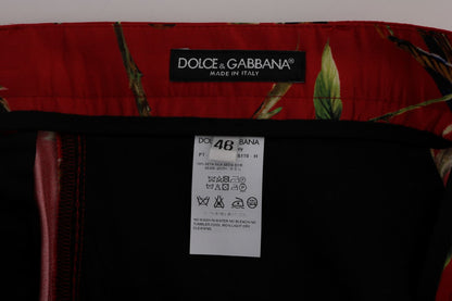 Pantalón de vestir elegante de seda con estampado de pájaros rojos