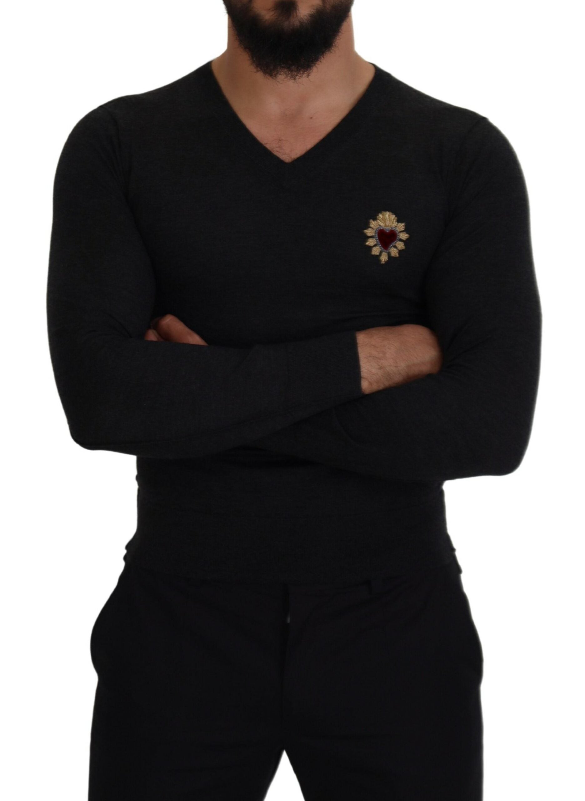 V-Neck Cashmere Sweater with Heart Embroidery