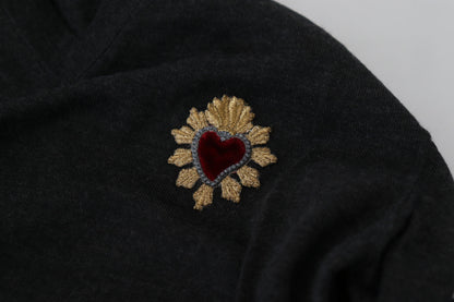 V-Neck Cashmere Sweater with Heart Embroidery