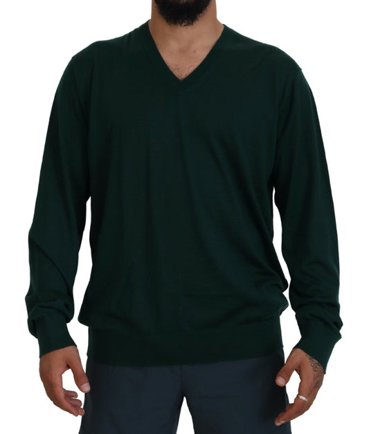 Elegant Green V-Neck Cashmere Sweater