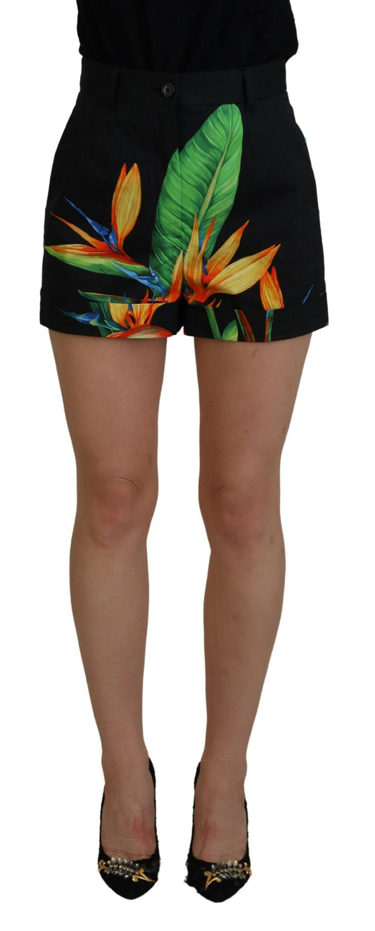 Hotpants-short met hoge taille en zwarte bladerenprint