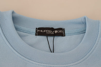 Chic Light Blue Logo Embellished Sweater