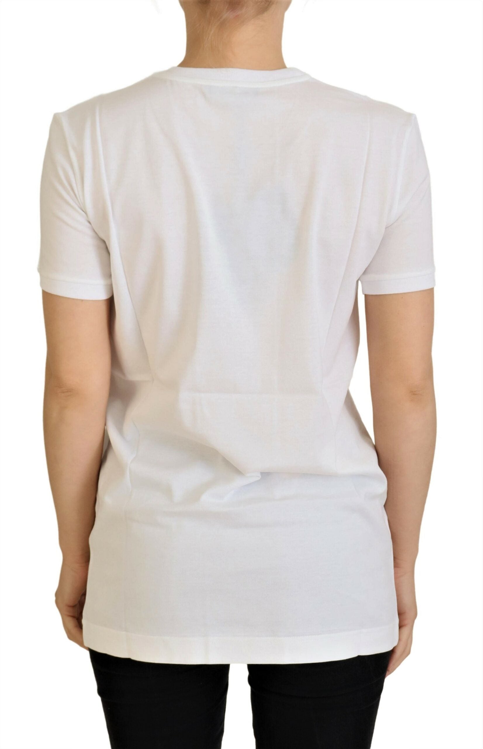 Elegante camiseta blanca con cuello redondo y estampado colorido